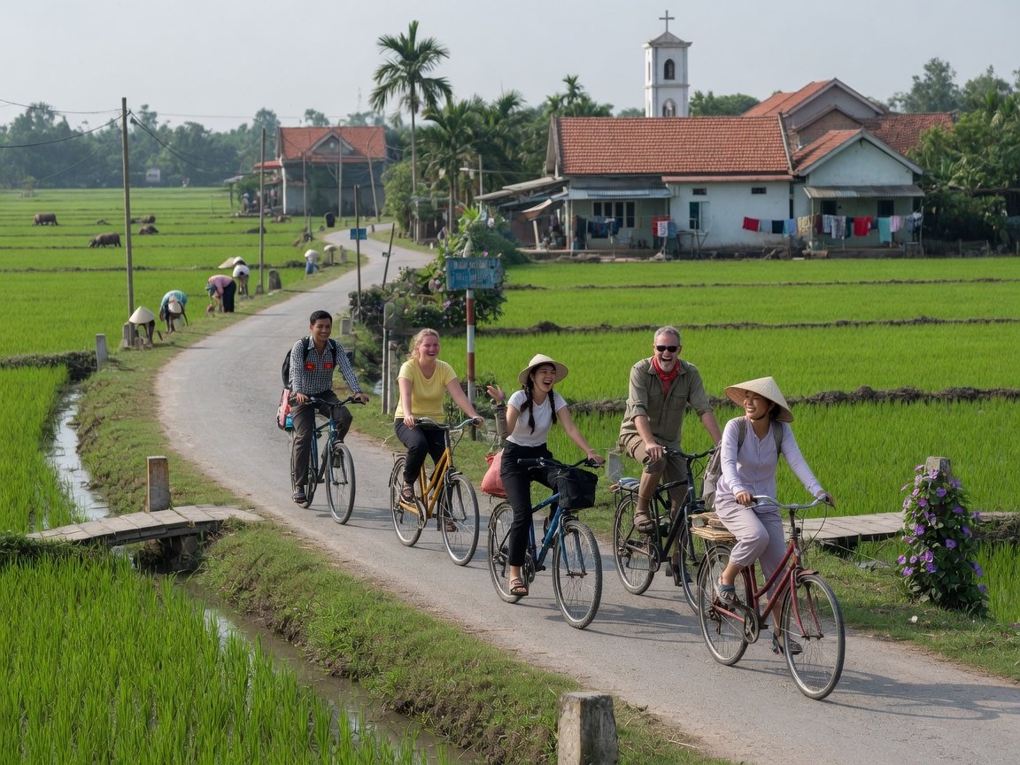 Travelers cycling through a rural village near Hanoi