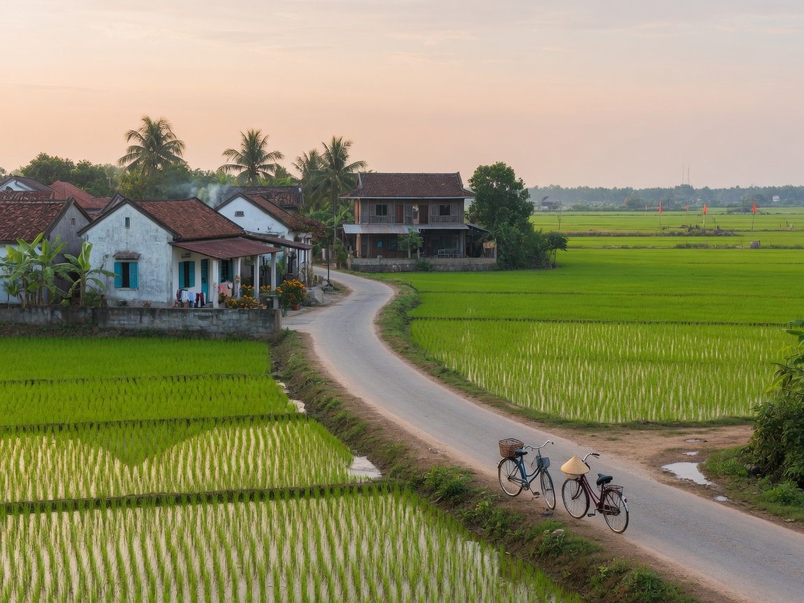 Rice fields along a countryside road outside Hanoi