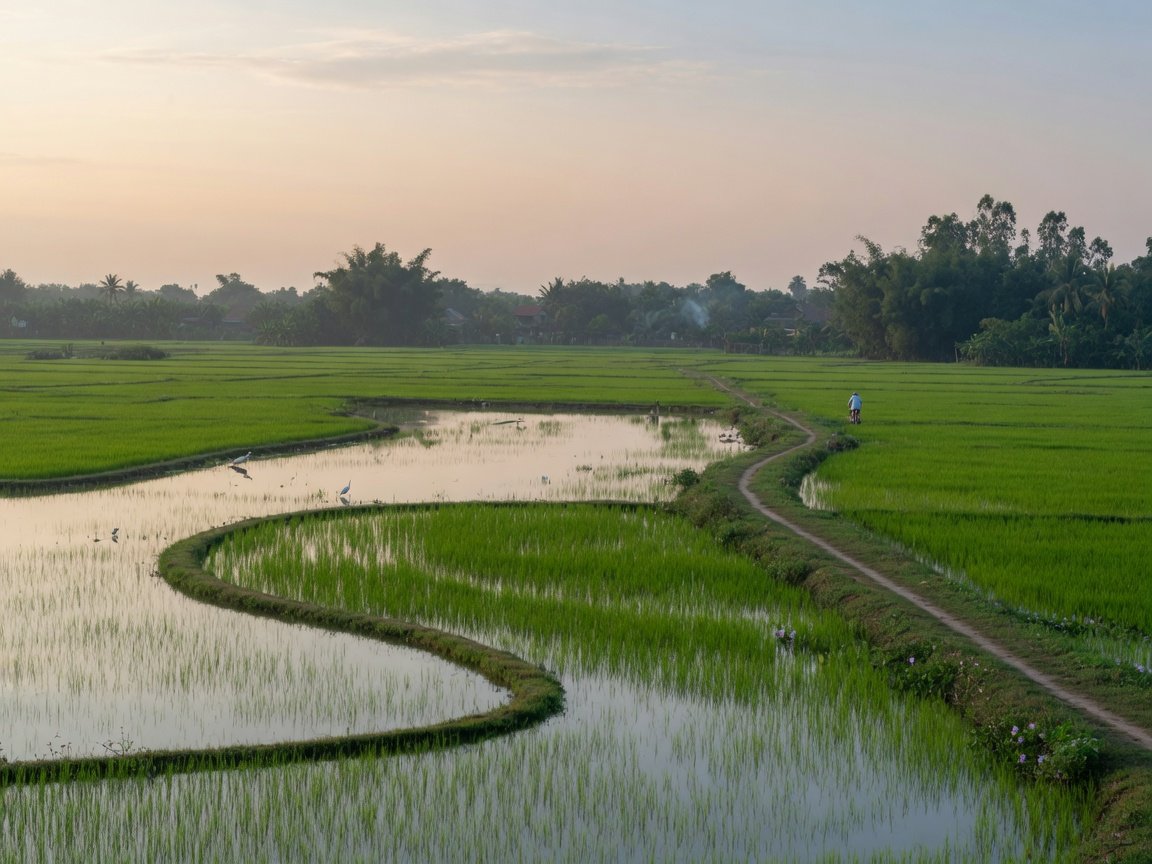 Open rice fields and a winding water path in the Hanoi countryside