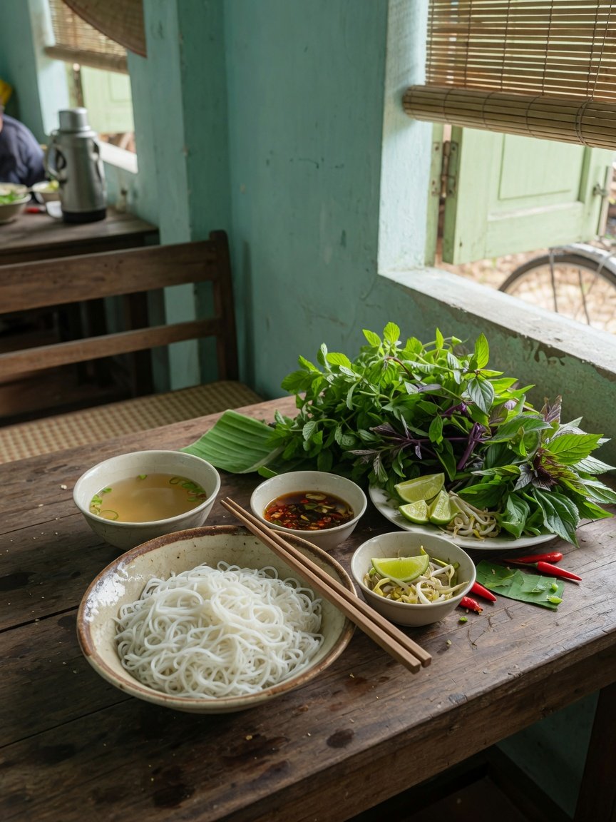 Authentic Vietnamese countryside meal on a rustic table