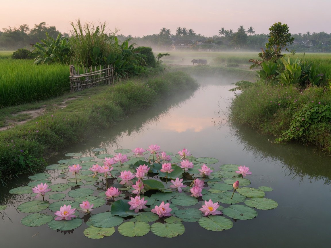 Pink lotus blooms on a calm countryside pond